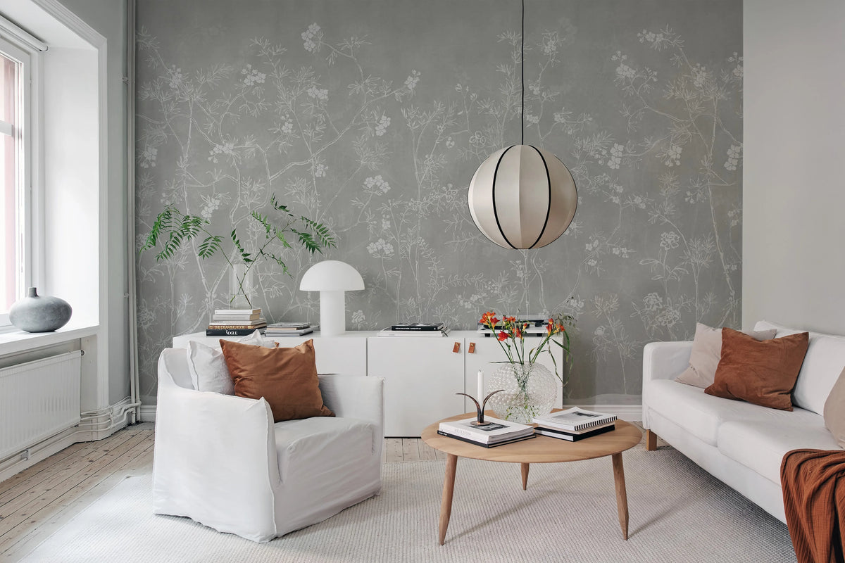 Soft Chinoiserie, Gray Mural Wallpaper - room preview 02