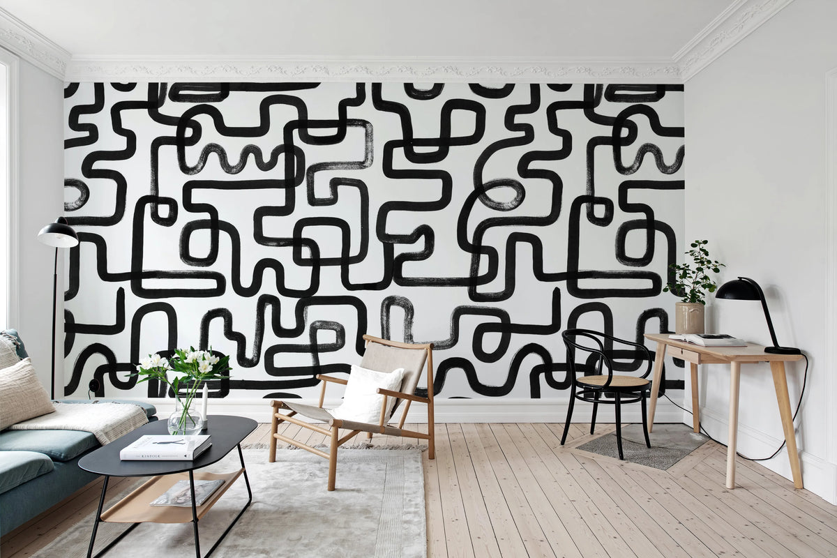 Artzy Lines, Graphite Mural Wallpaper - room preview 02