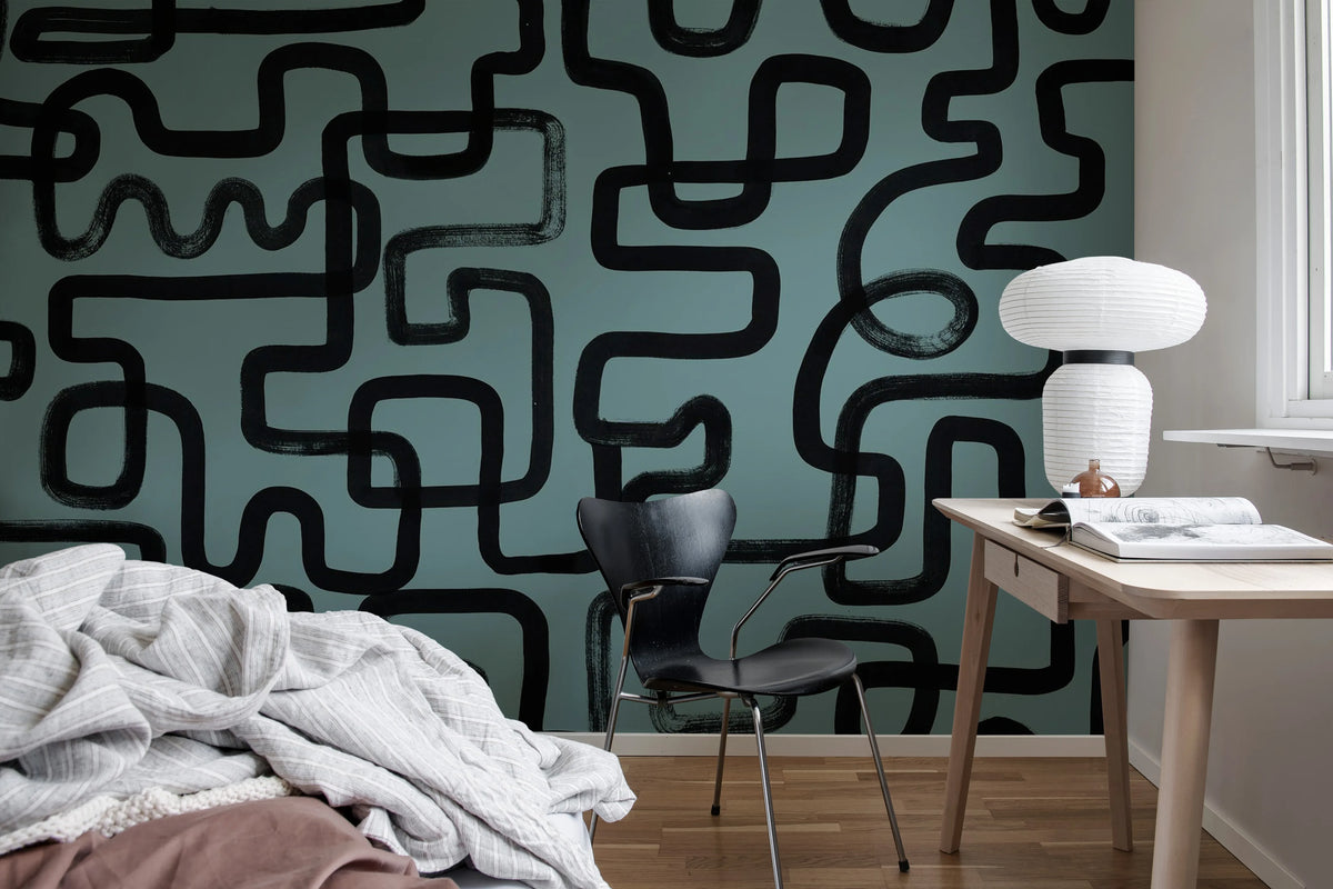Artzy Lines, Petrol Mural Wallpaper - room preview 02