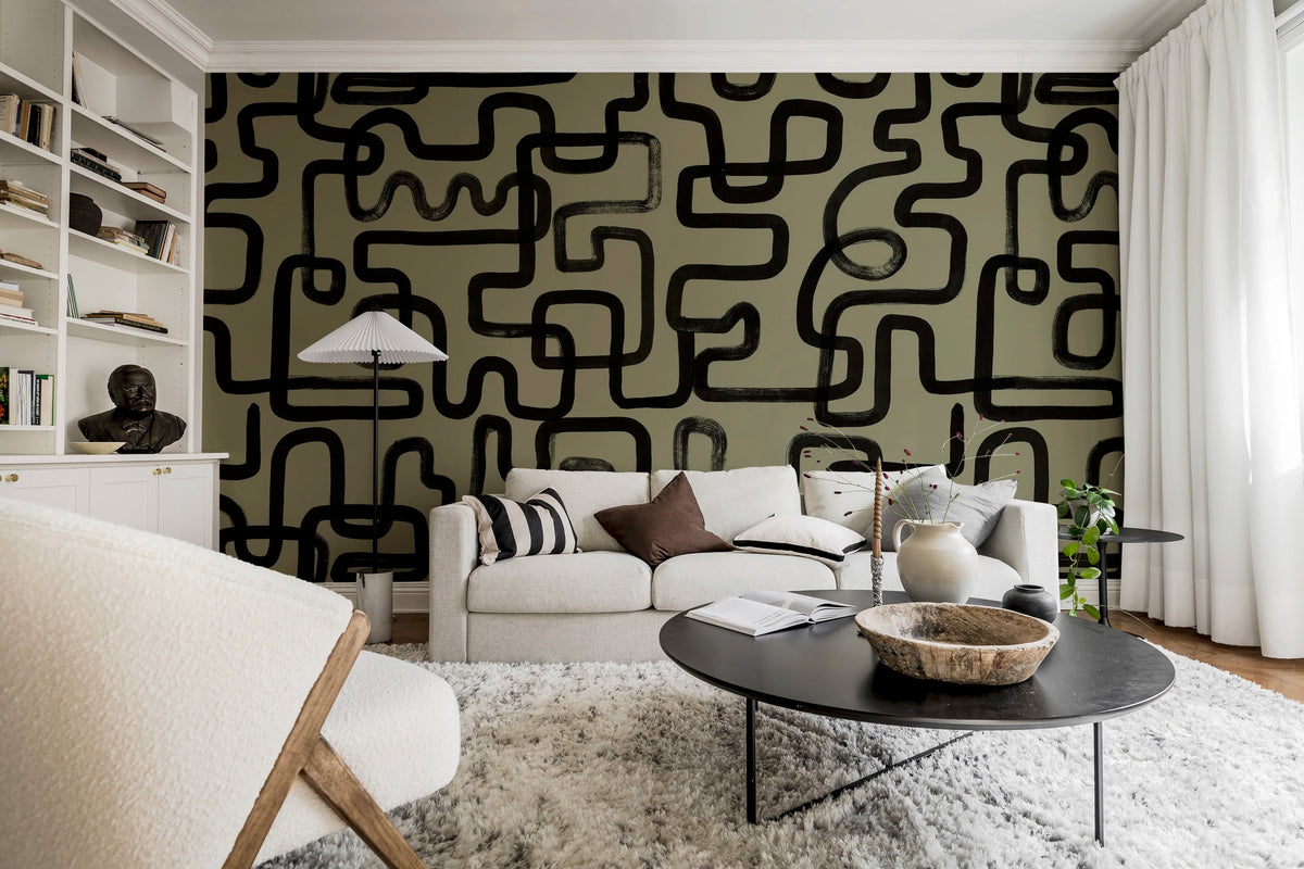 Artzy Lines, Olive Green Mural Wallpaper - room preview 02