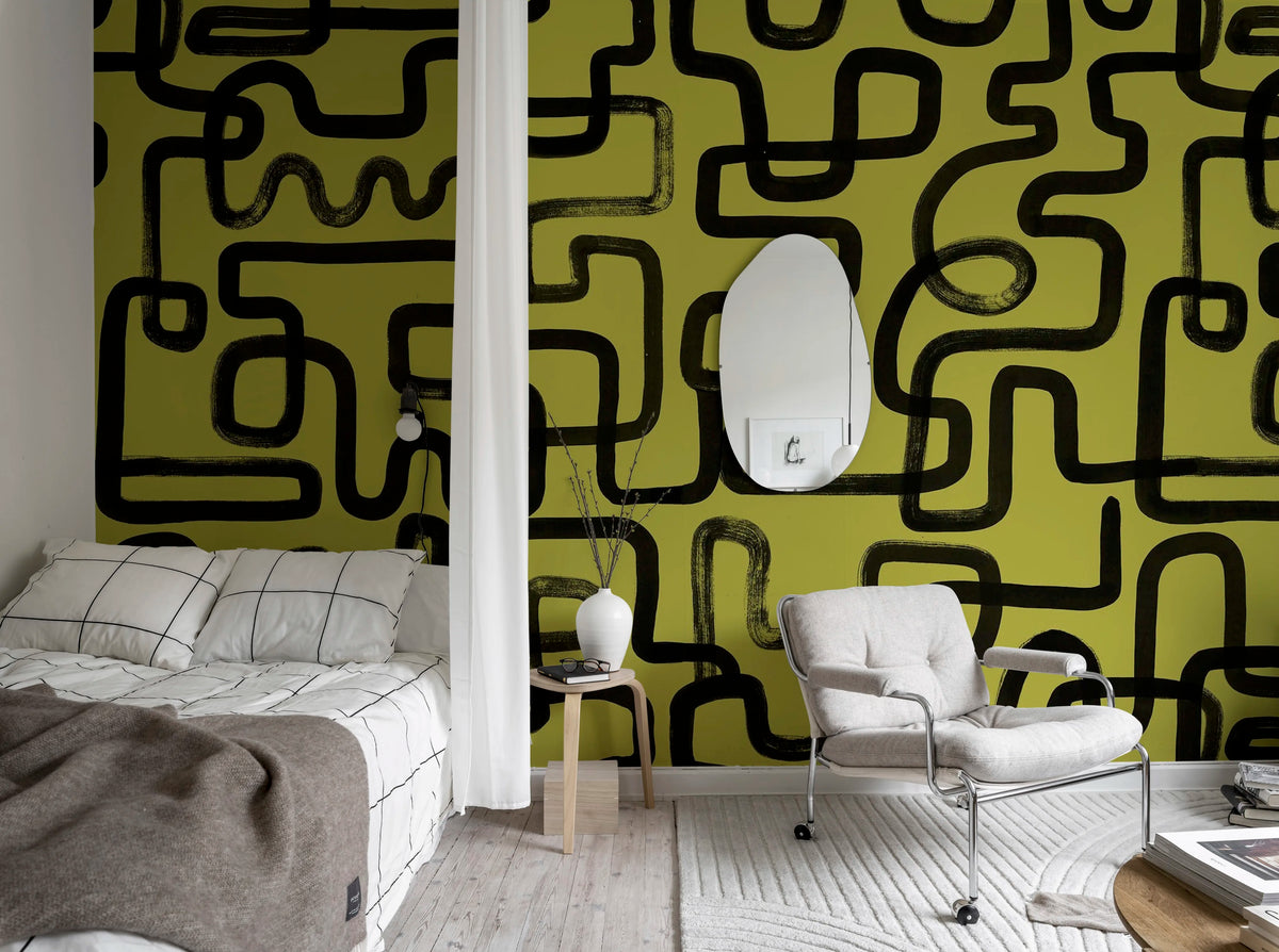 Artzy Lines, Yellow Mural Wallpaper - room preview 02