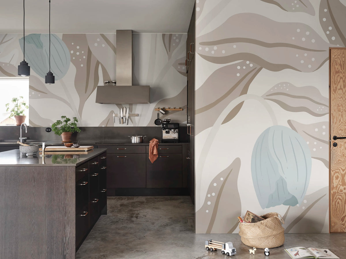 Cool Flora, Beige & Blue Mural Wallpaper - room preview 02