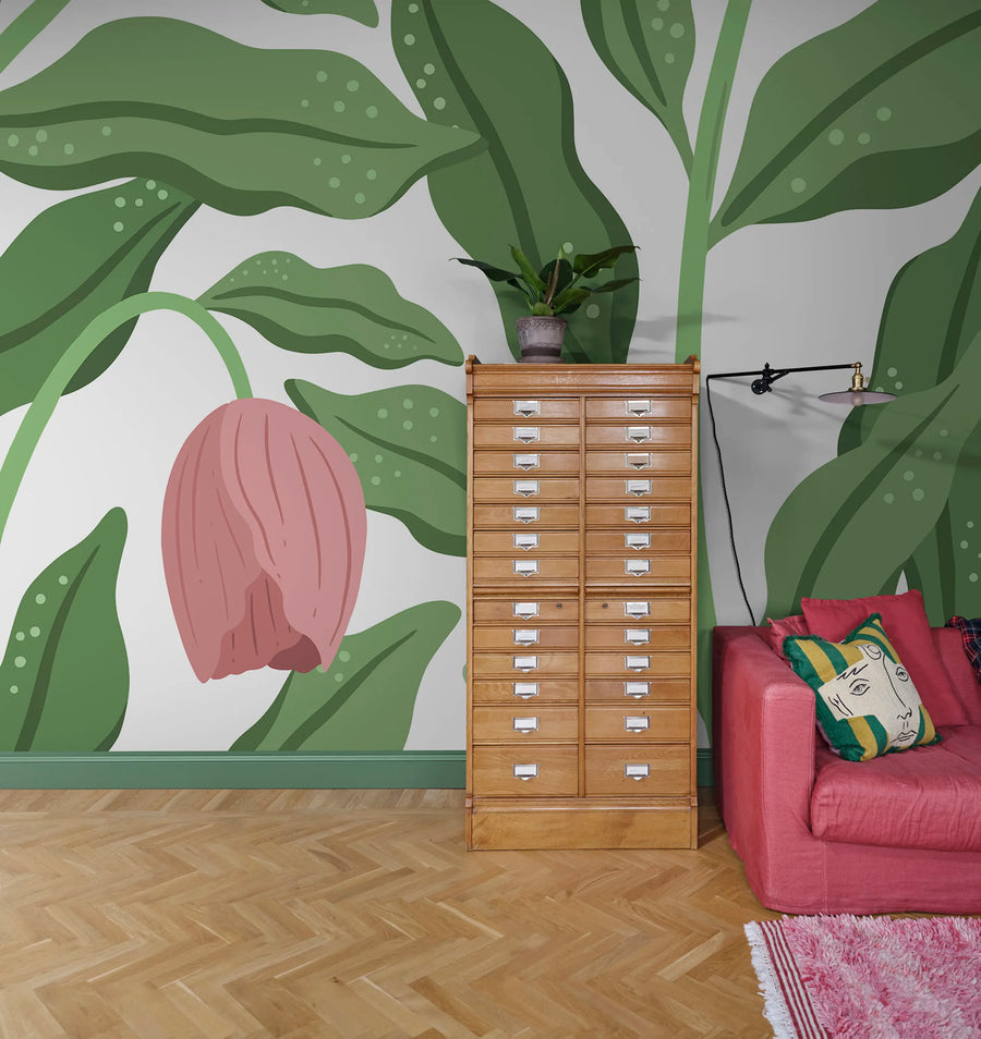 Cool Flora, White & Pink Mural Wallpaper