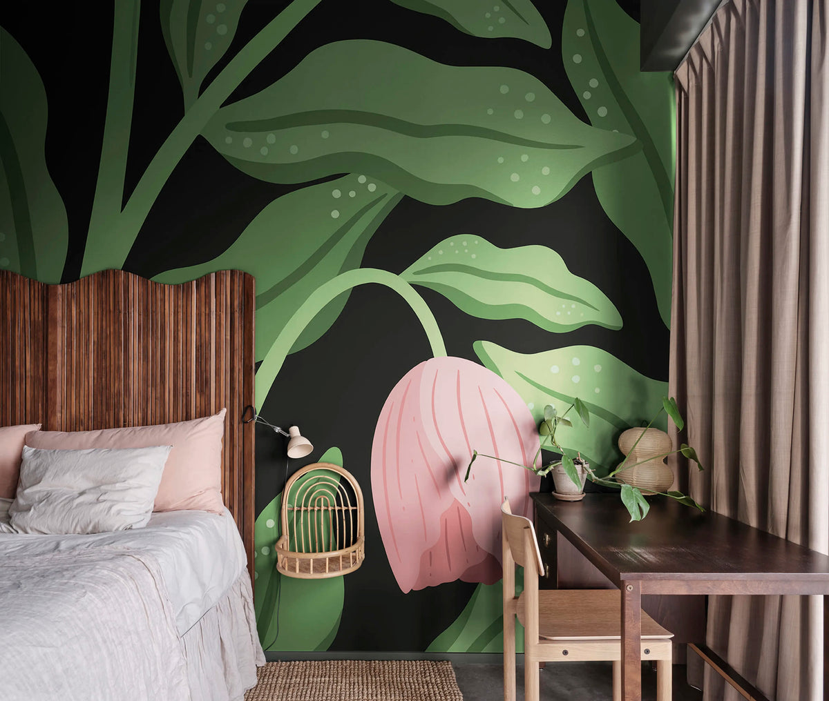 Cool Flora, Black & Pink Mural Wallpaper - room preview 02