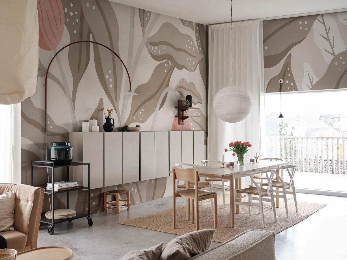 Cool Flora, Beige & Pink Mural Wallpaper - room preview 02