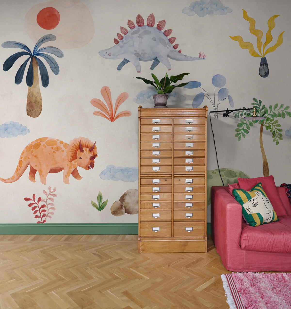 Dinosaur Oasis, Beige Mural Wallpaper - room preview 02