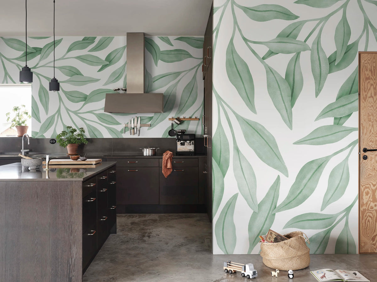 Giant Leaves, Light Green Mural Wallpaper - room preview 02