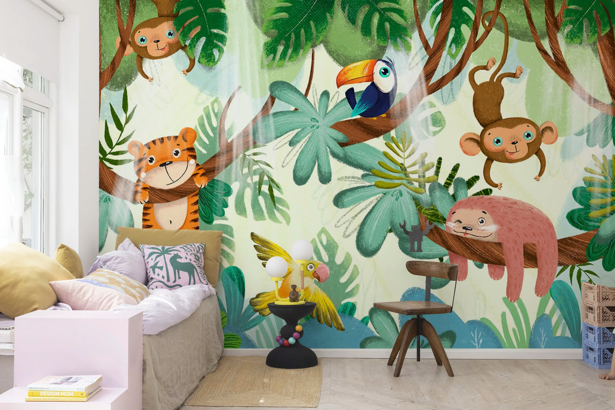 Jungle Buddies, Green Mural Wallpaper - room preview 02