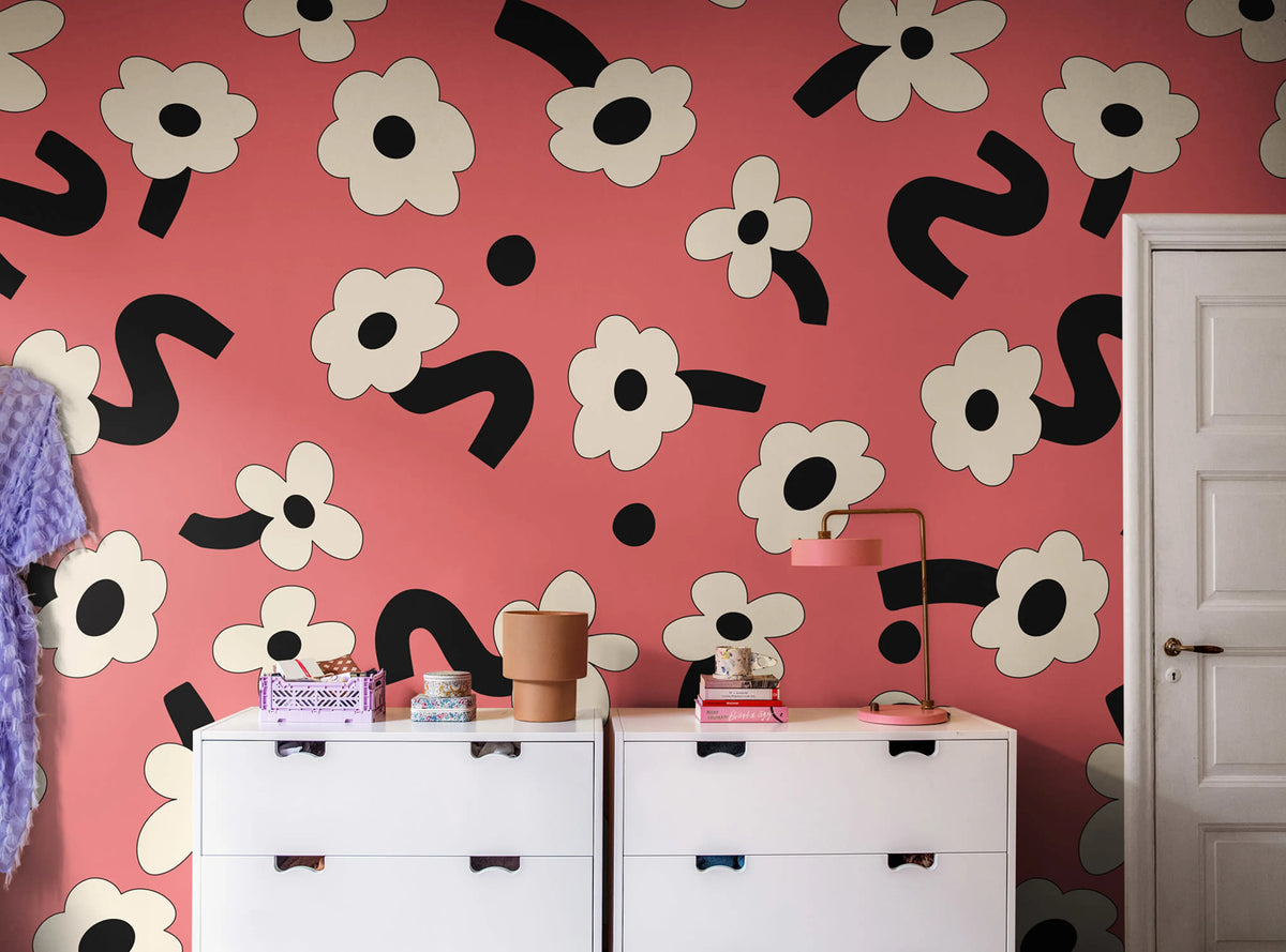 Dancing Flower, Red Mural Wallpaper - room preview 02