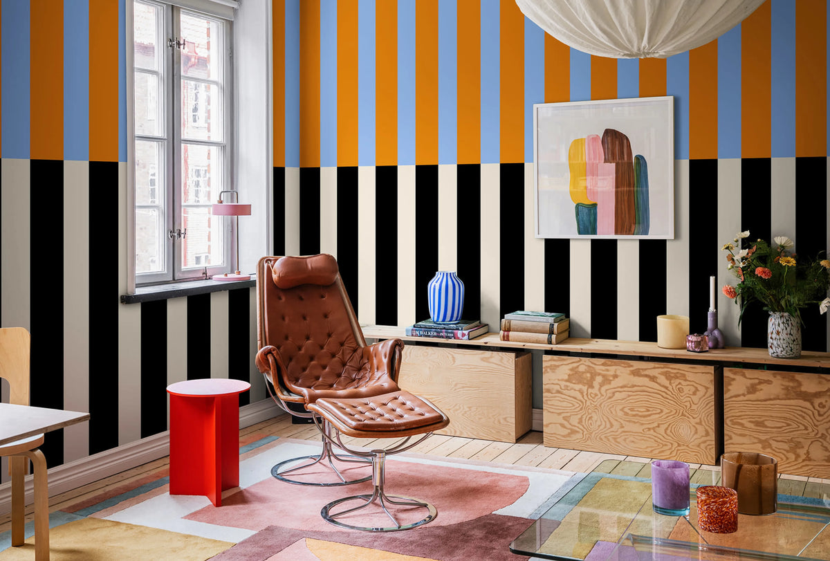 Striped, Orange & Blue Mural Wallpaper - room preview 02