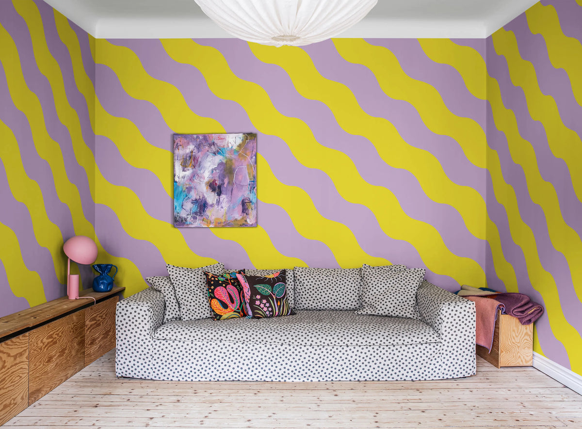 Polka Stripe, Lilac & Yellow Mural Wallpaper - room preview 02