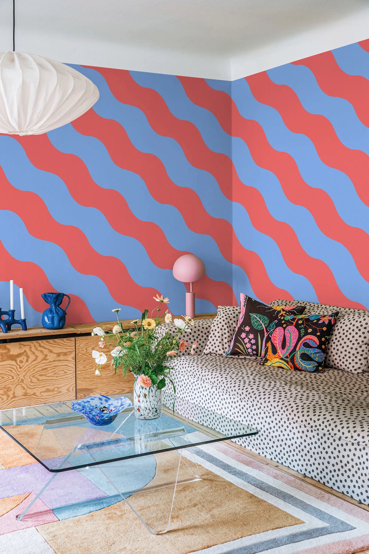 Polka Stripe, Red & Blue Mural Wallpaper - room preview 02