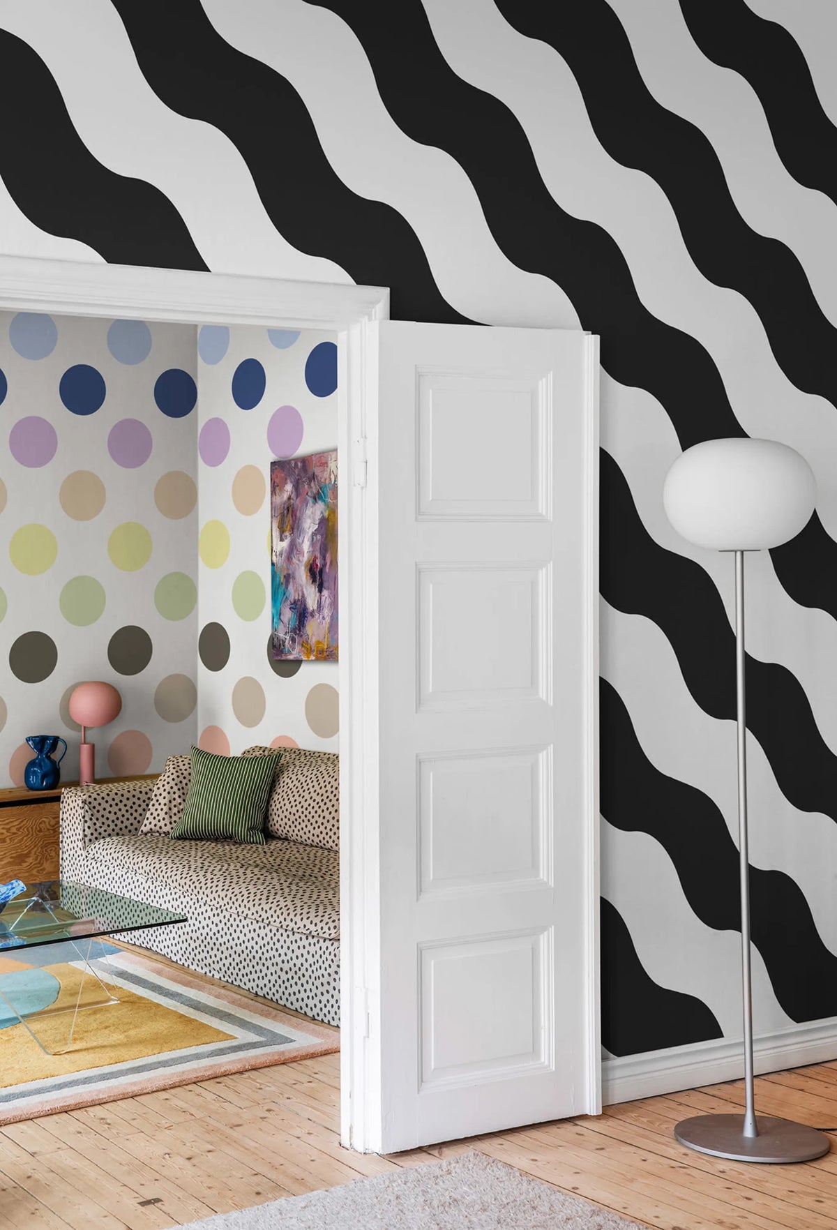 Polka Stripe, Black & White Mural Wallpaper - room preview 02