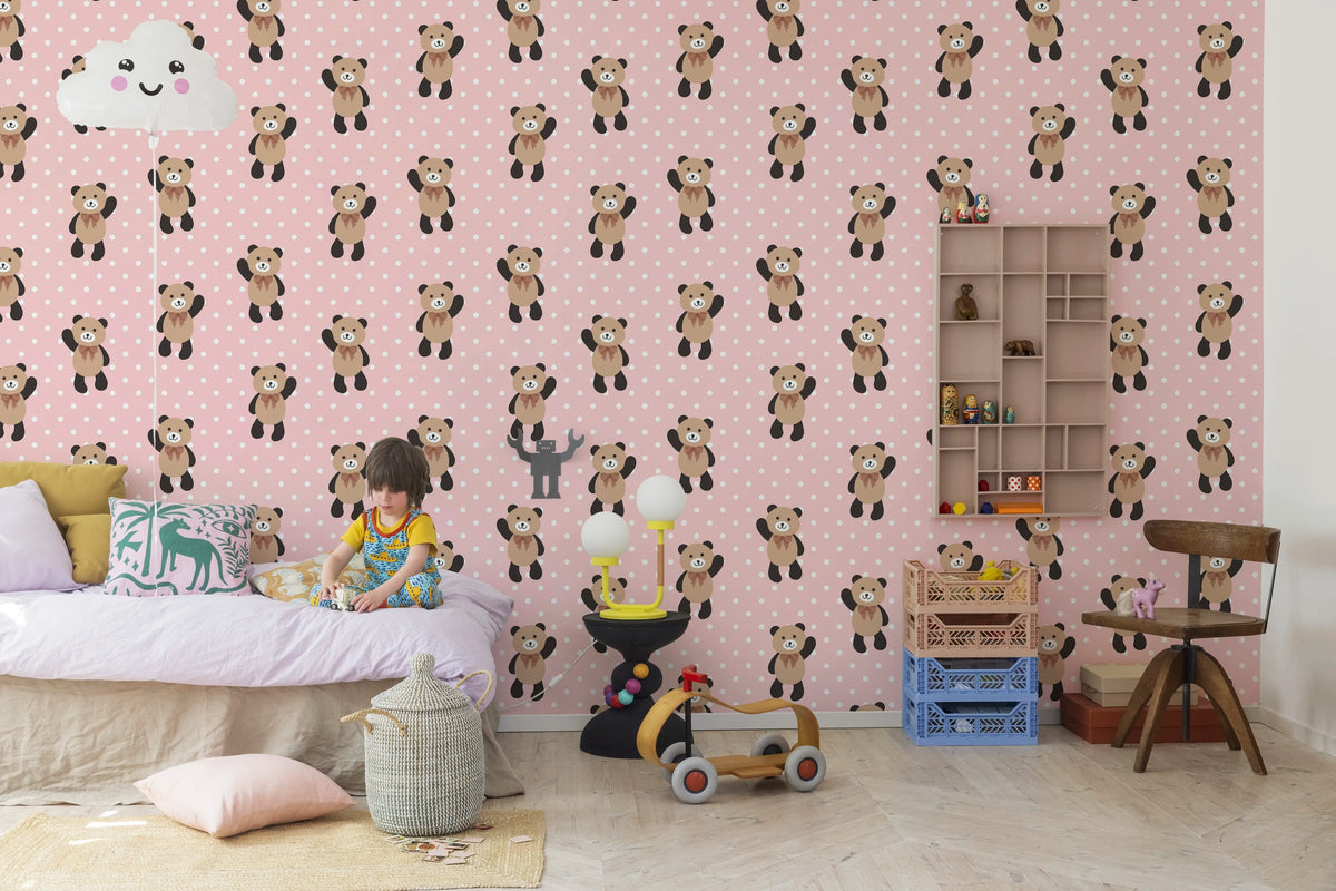 Hello Bear, Baby Pink Mural Wallpaper - room preview 02