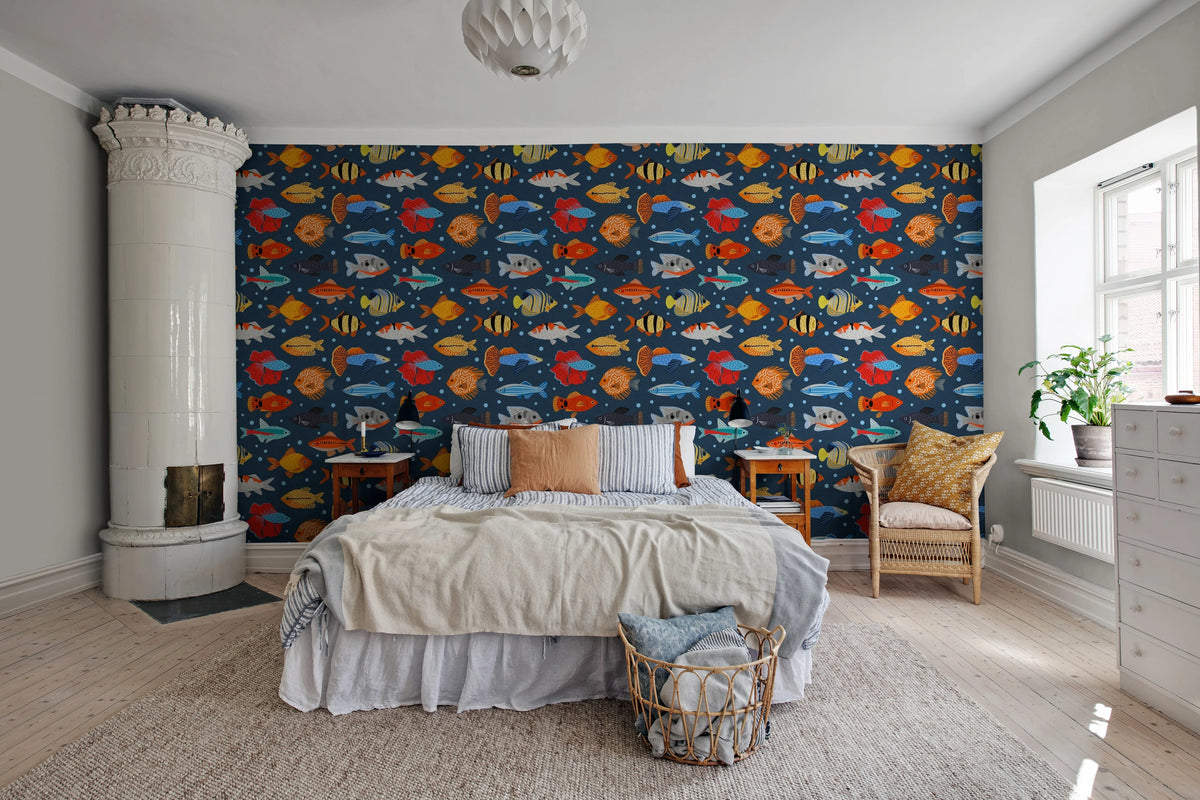 Fish Shoal, Blue Mural Wallpaper - room preview 02