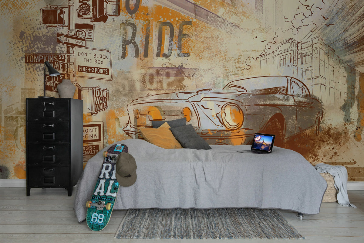 Street Race, Vintage Mural Wallpaper - room preview 02
