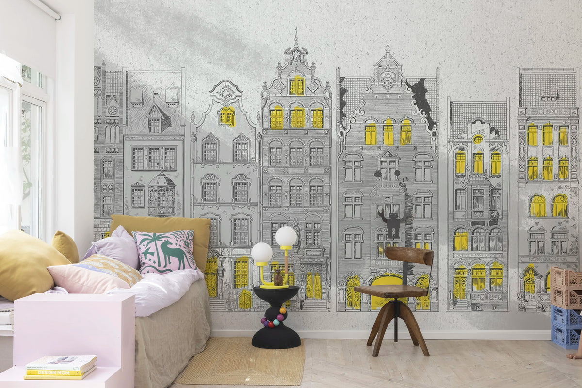 House Facades, Gray Mural Wallpaper - room preview 02