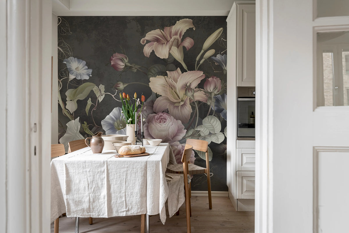 Soft Bouquet, Dark Mural Wallpaper - room preview 02
