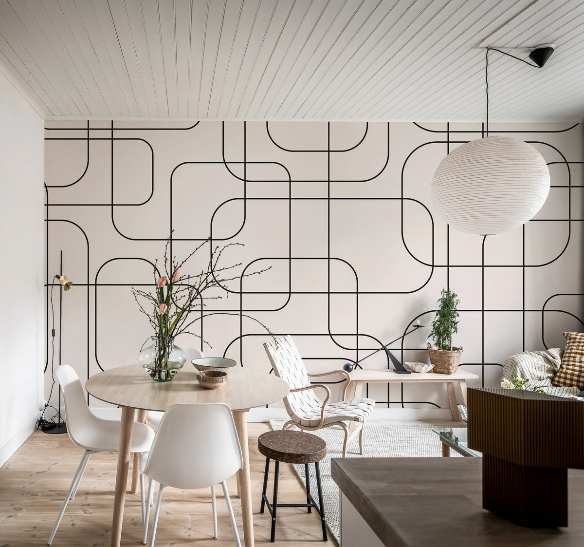 Graphic Lines, Beige Mural Wallpaper - room preview 02