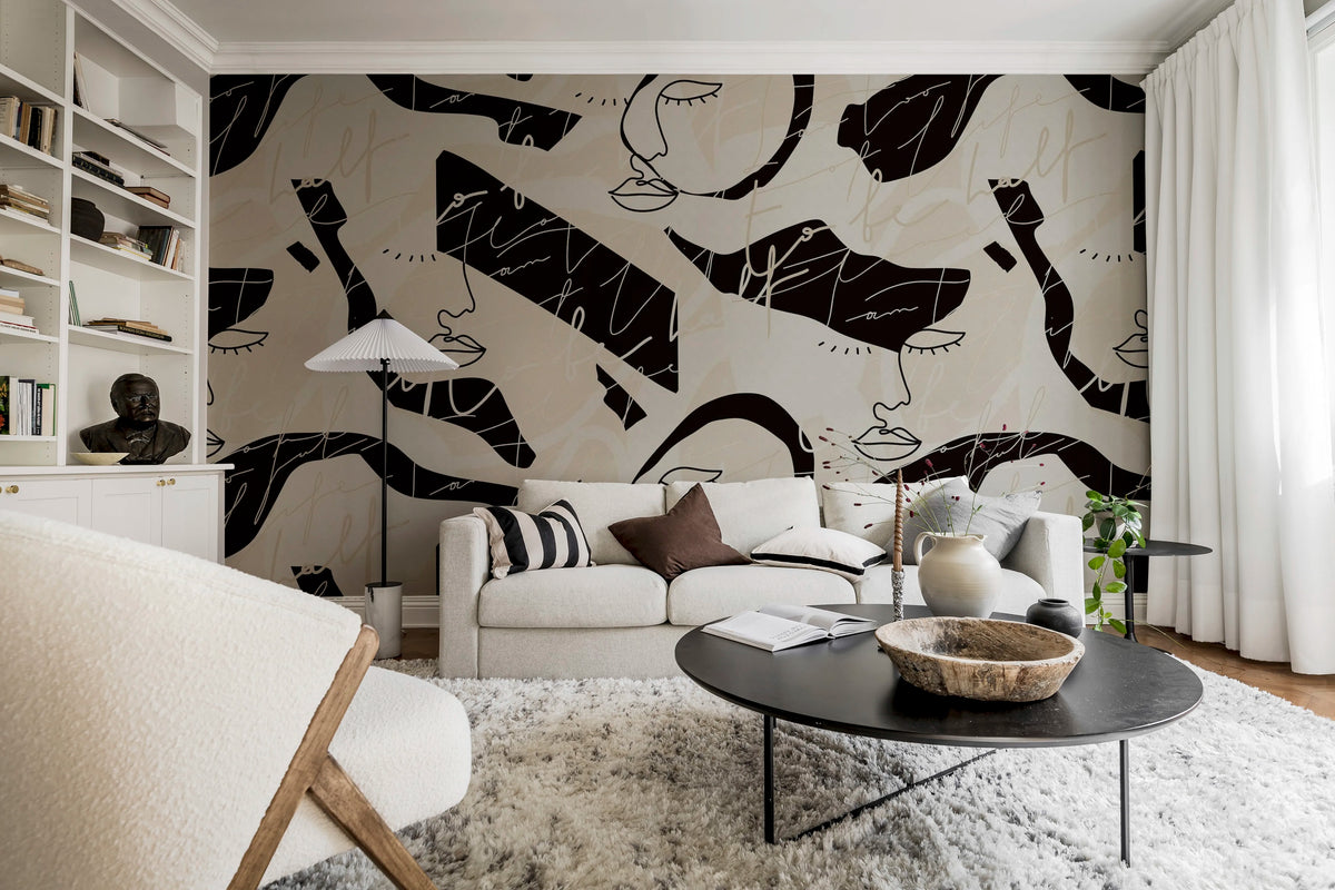 Lined Faces, Beige Mural Wallpaper - room preview 02