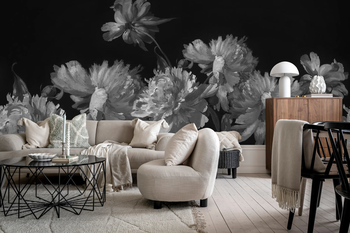Vintage Peony, Black Mural Wallpaper - room preview 02