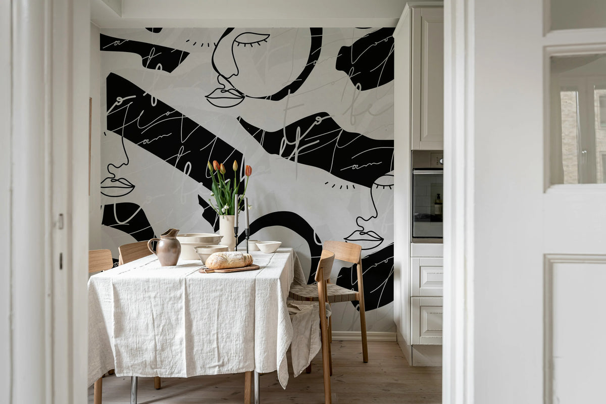 Lined Faces, Graphite Mural Wallpaper - room preview 02