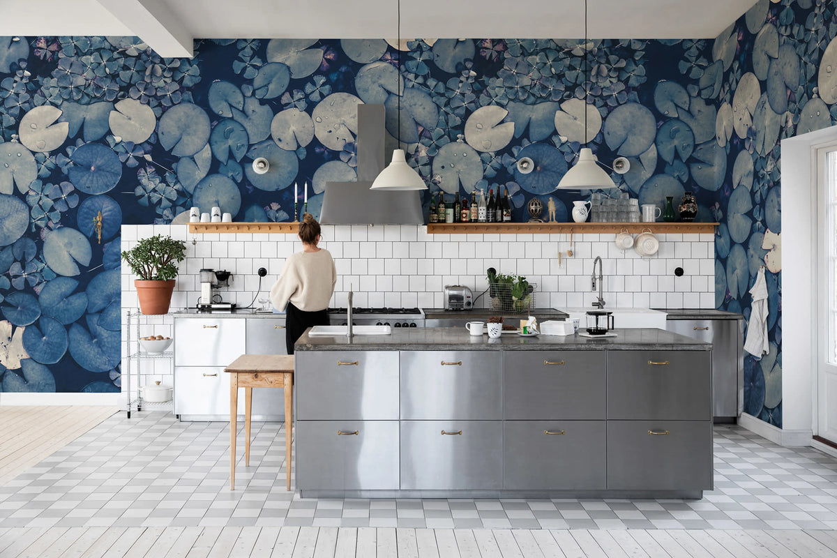 Mystic Water Lilies, Blue Mural Wallpaper - room preview 02