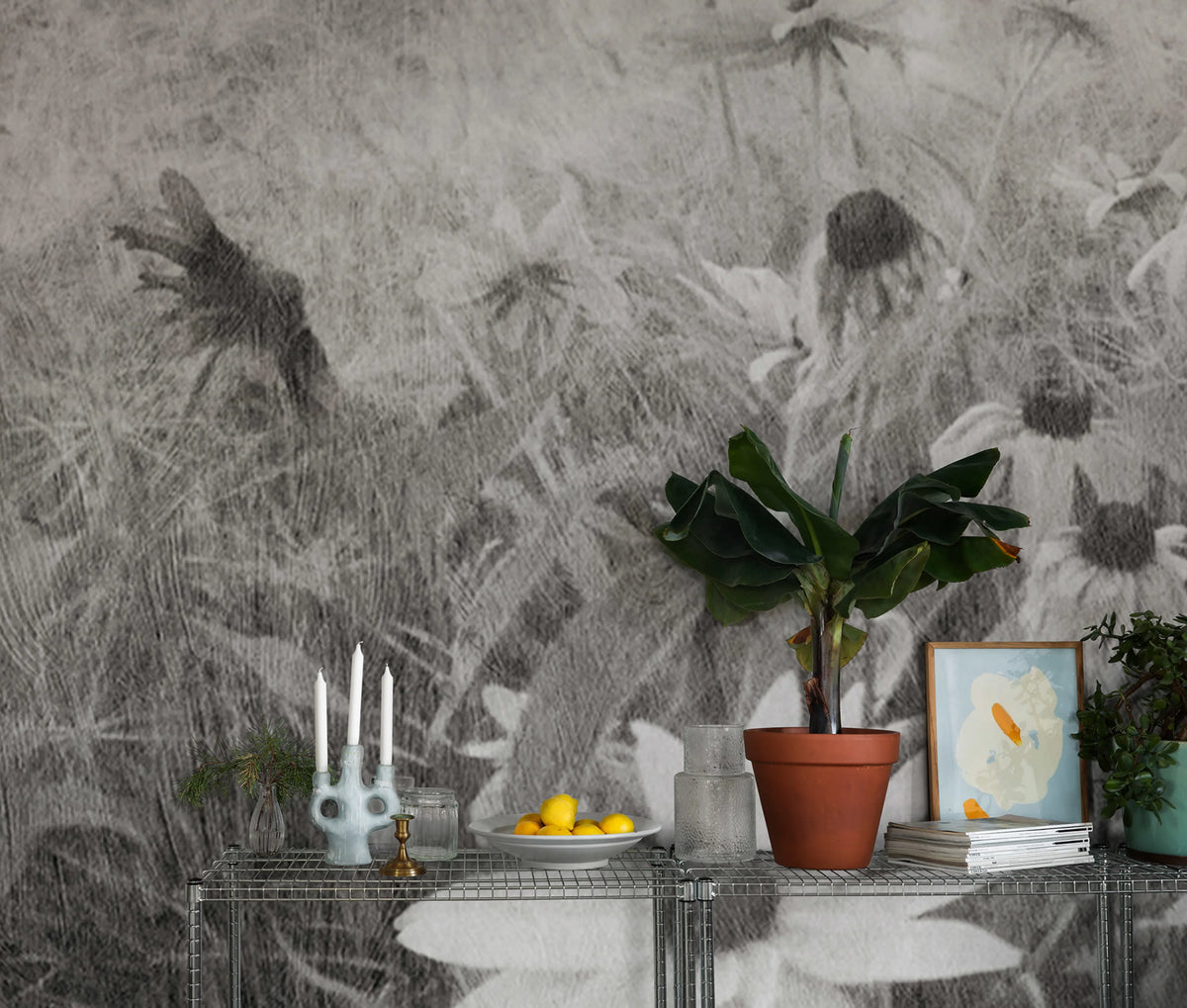 Dreamy Rudbeckia, Black & White Mural Wallpaper - room preview 02