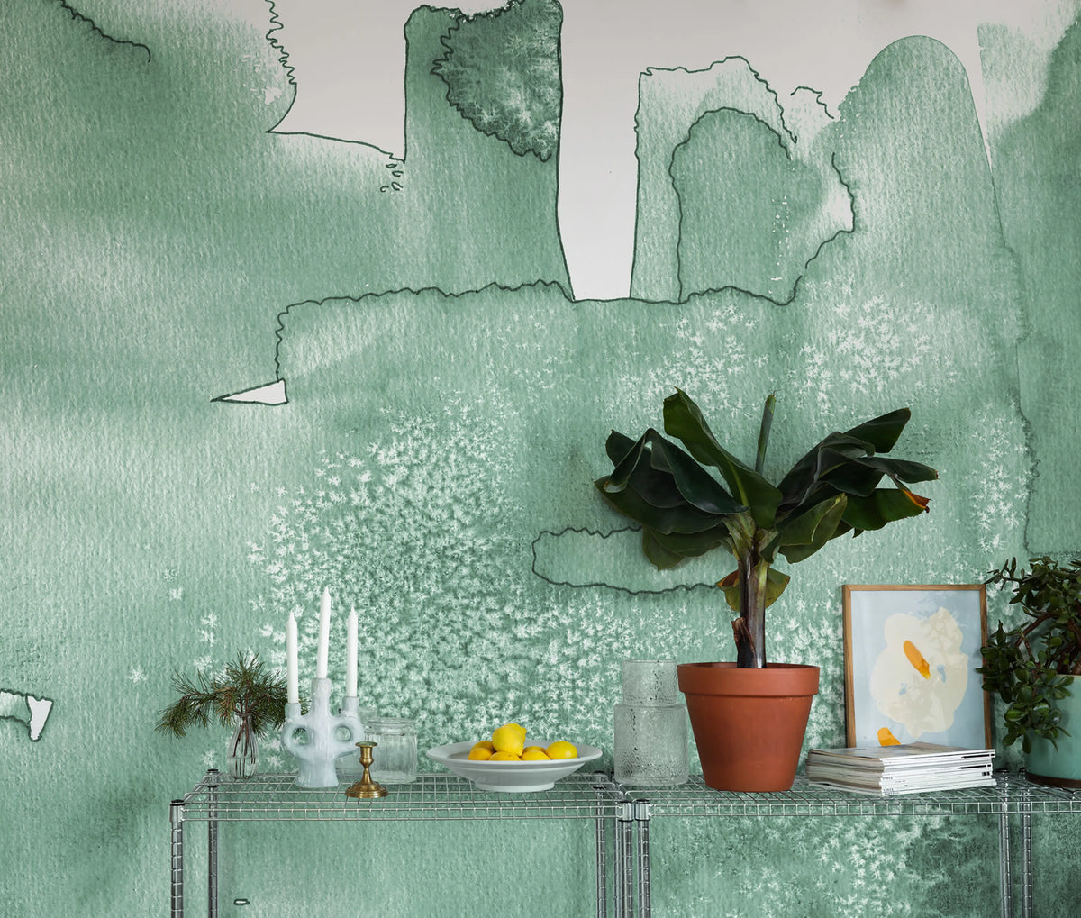 Watercolor City, Green Mural Wallpaper - room preview 02