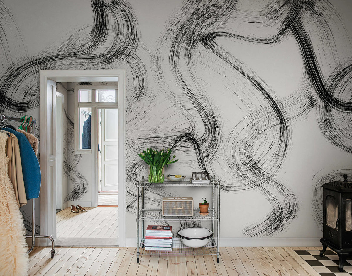 Blurry Stripes, Black & White Mural Wallpaper - room preview 02