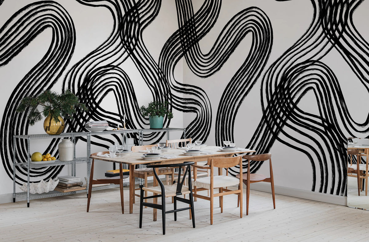 Ink Stripes, Black & White Mural Wallpaper - room preview 02