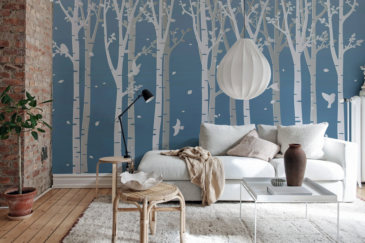 Forest Birds, Blue Mural Wallpaper - room preview 02