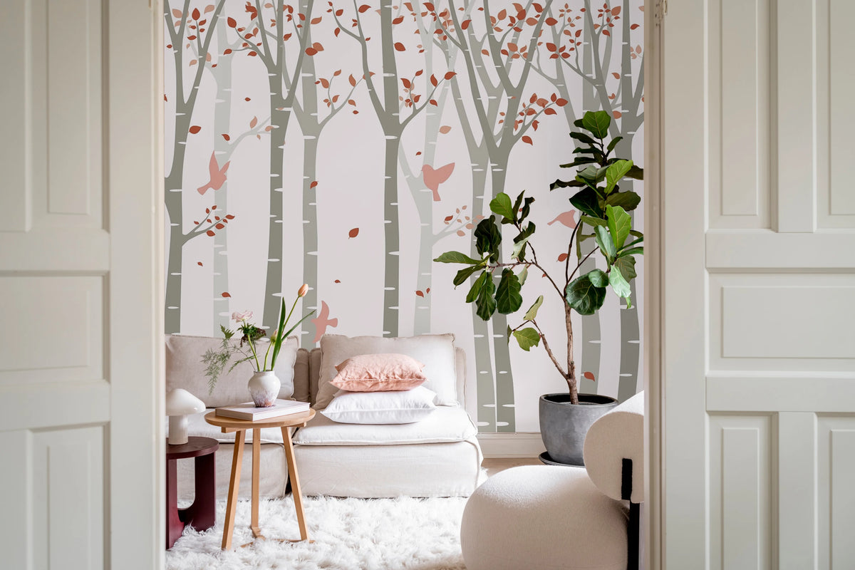 Forest Birds, Pink Mural Wallpaper - room preview 02