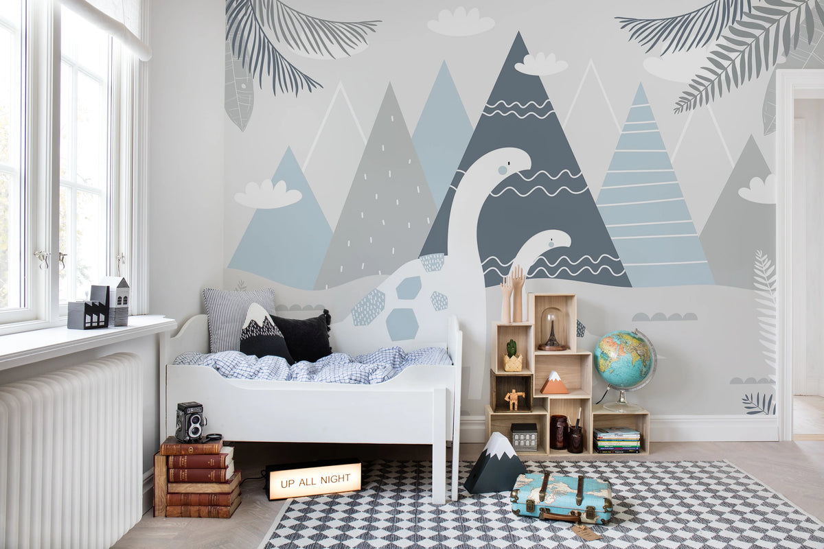 Dinosaur Mountain, Baby Blue Mural Wallpaper - room preview 02