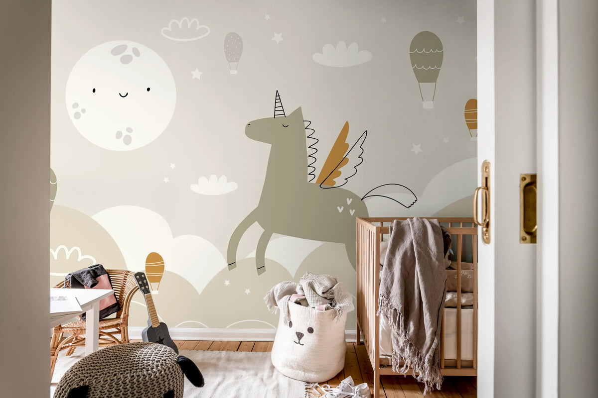 Flying Unicorn, Beige Mural Wallpaper - room preview 02