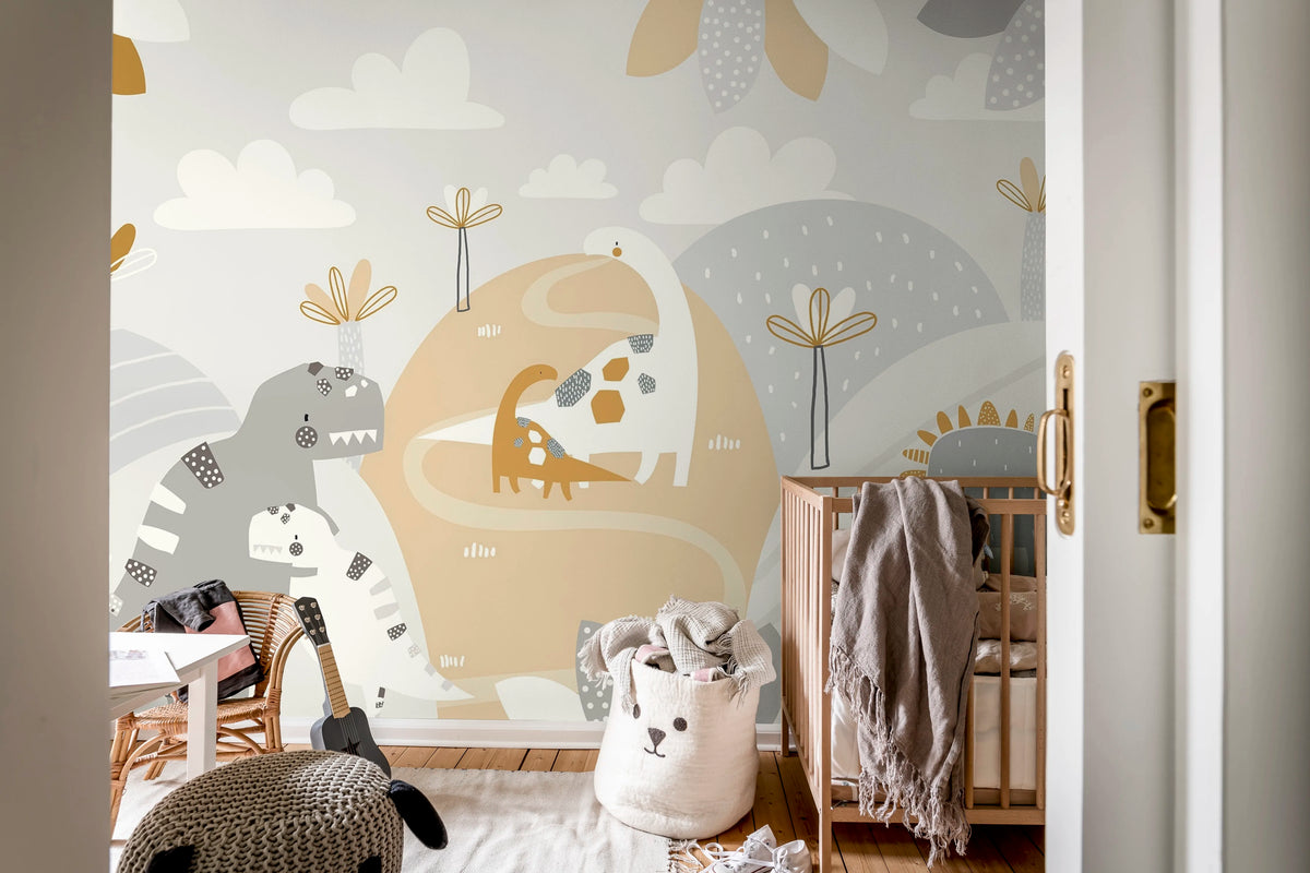 Dinosaur Land, Beige Mural Wallpaper - room preview 02