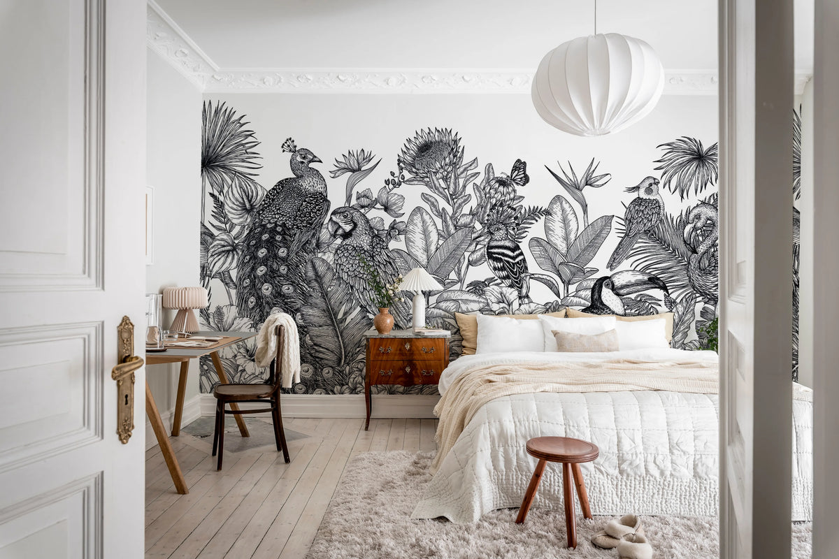 Birds Garden, Black & White Mural Wallpaper - room preview 02