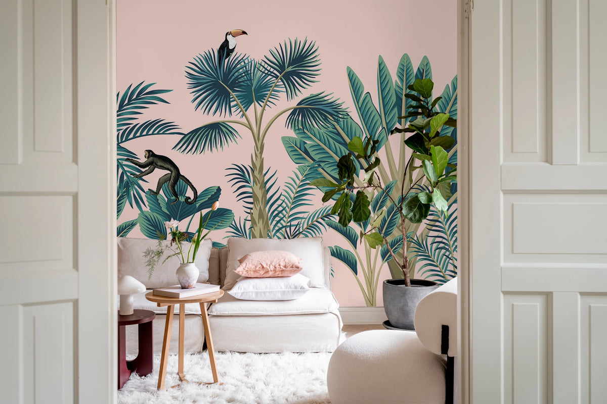 Tropical Birds, Pink Mural Wallpaper - room preview 02