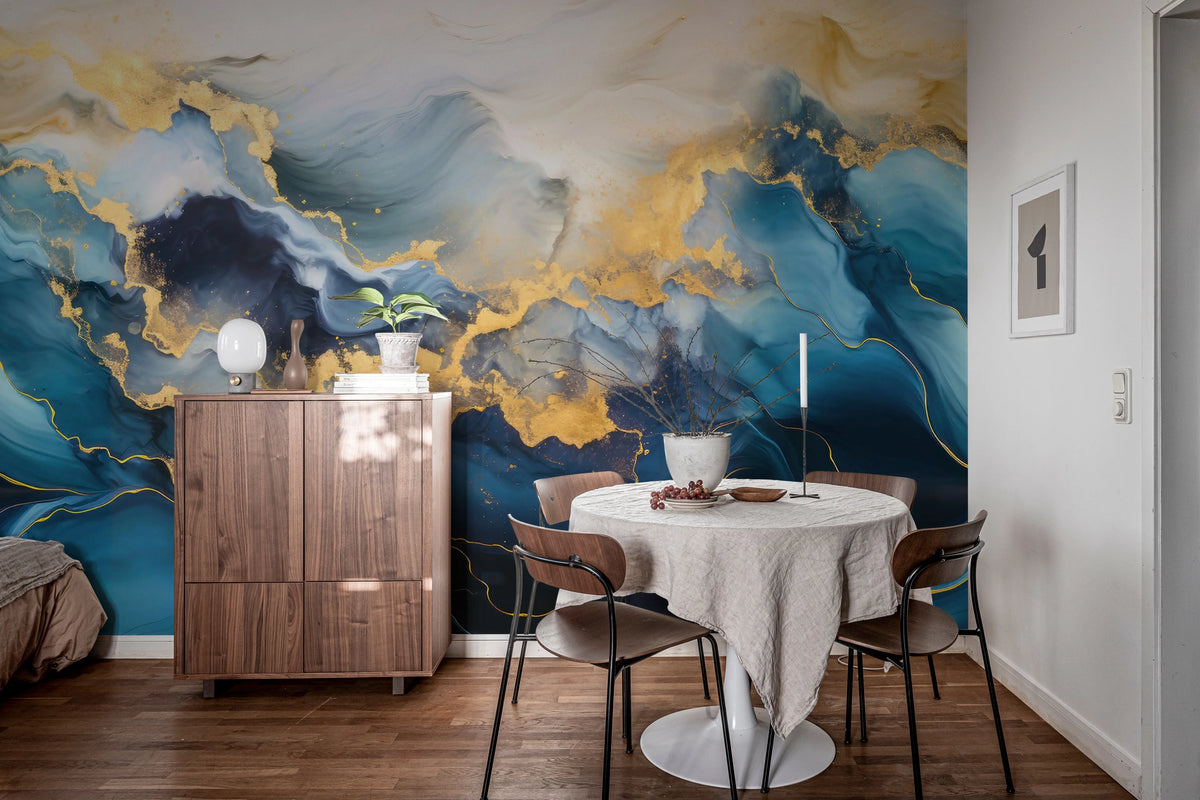 Gold Stream, Blue Mural Wallpaper - room preview 02