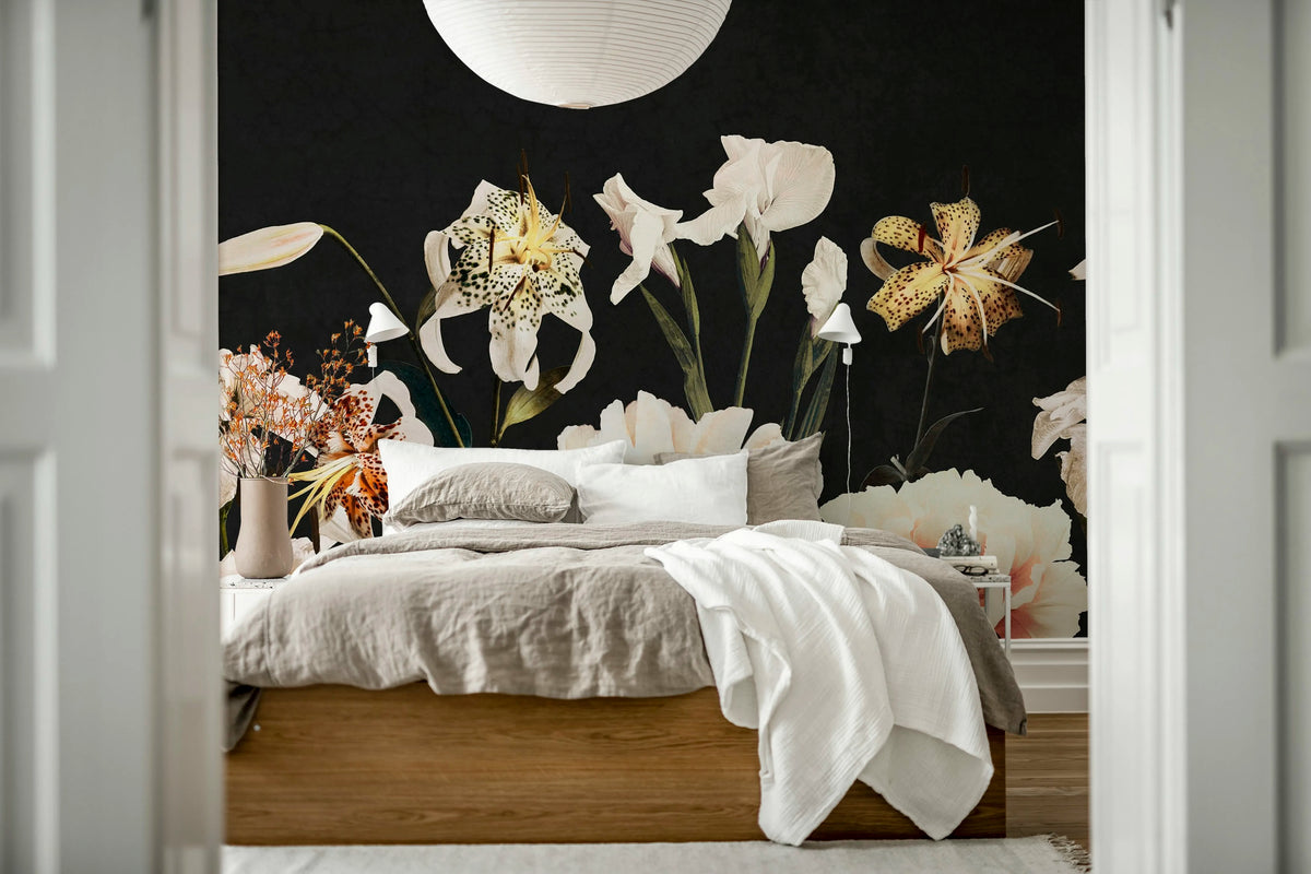 Dramatic Bouquet, Black Mural Wallpaper - room preview 02