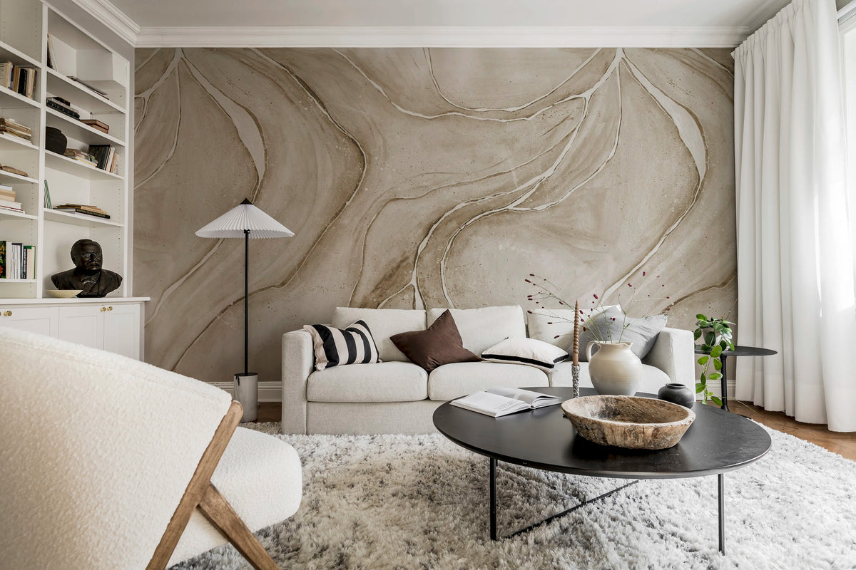 Watercolor Flow, Beige Mural Wallpaper - room preview 02