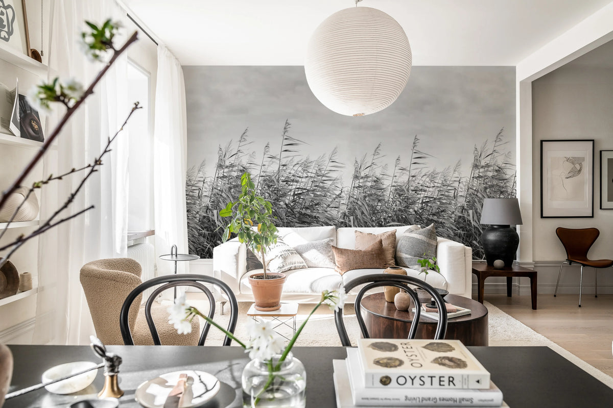 Dreamy Reed, Black & White Mural Wallpaper - room preview 02