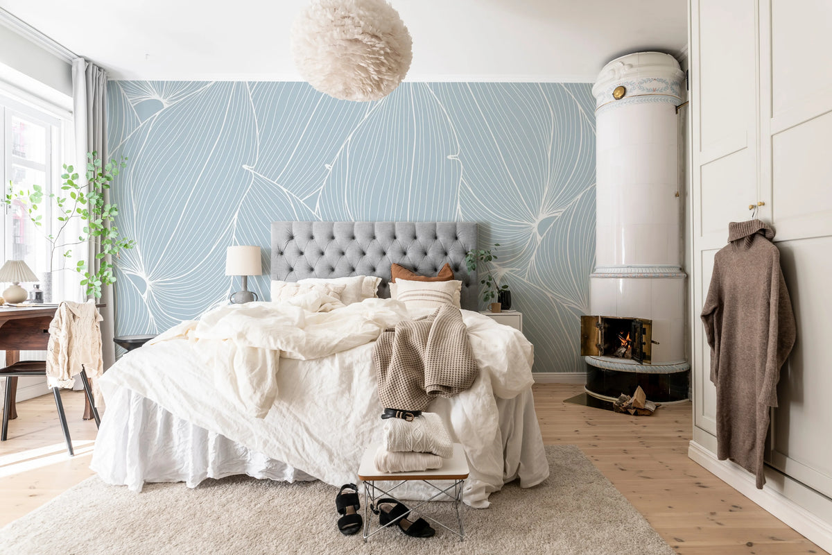 Big Leafs, Baby Blue Mural Wallpaper - room preview 02