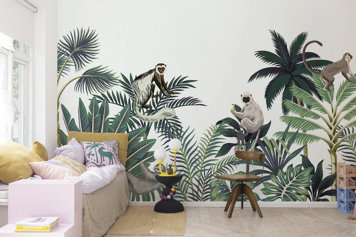Jungle Monkeys, White Mural Wallpaper - room preview 02