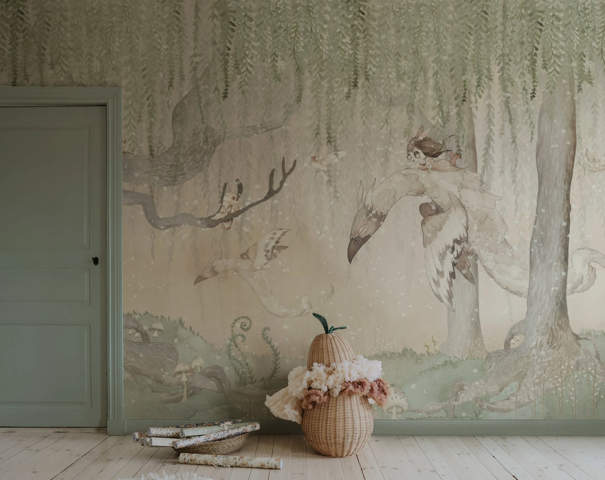 Dream Forest Girl, Green Rose Mural Wallpaper - room preview 02