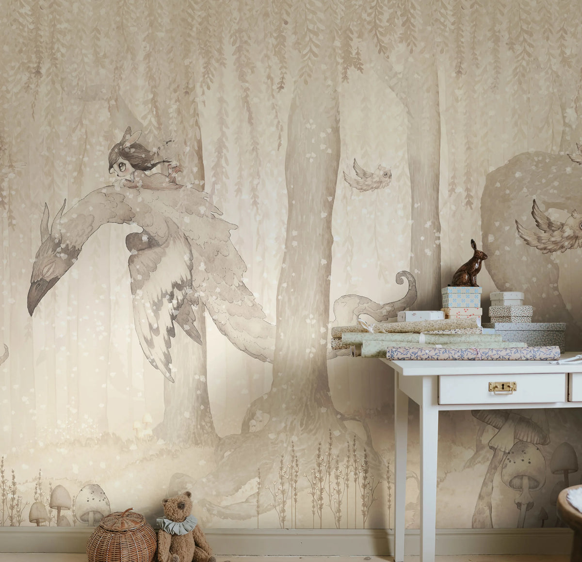 Dream Forest Girl, Off White Mural Wallpaper - room preview 02