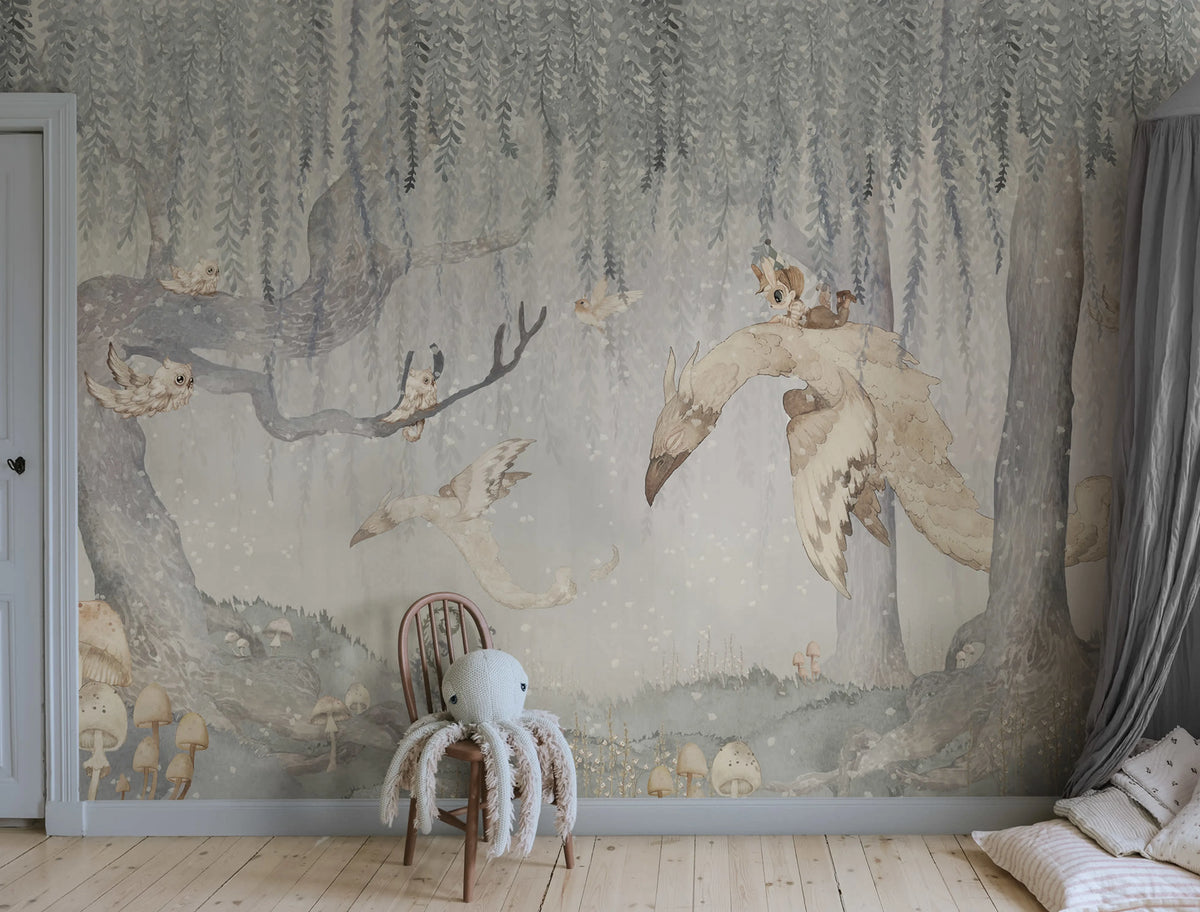 Dream Forest Boy, Blue Gray Mural Wallpaper - room preview 02
