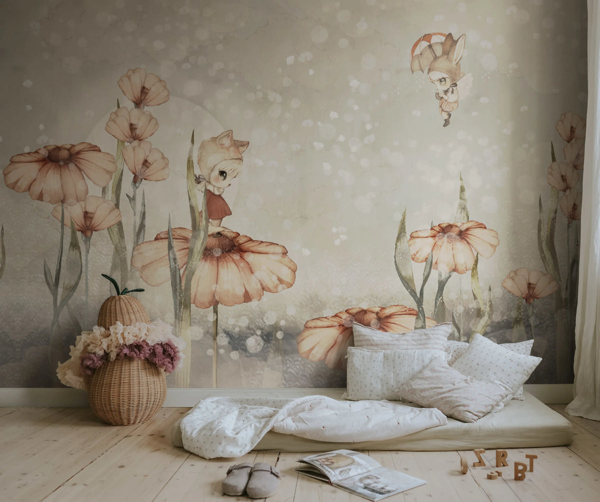 Bloomy Fields of Marion, Gray Green Mural Wallpaper - room preview 02