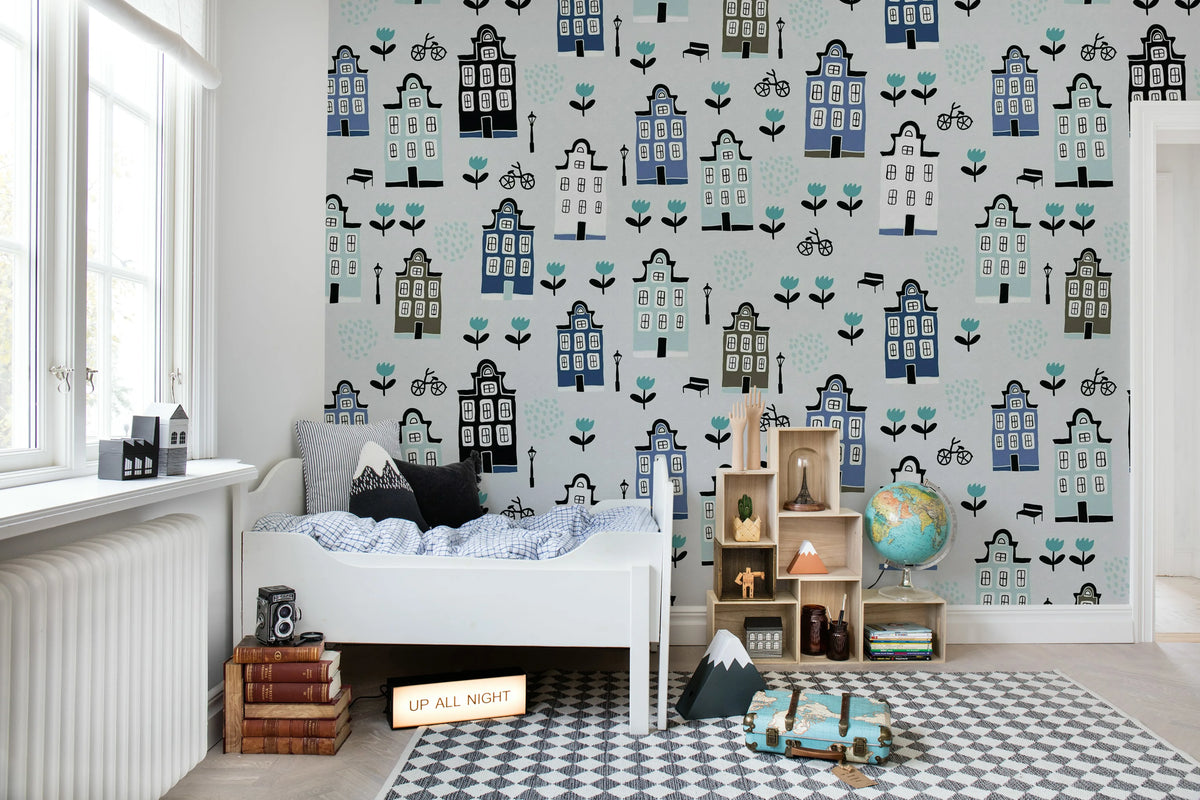 Sweet Town, Blue Mural Wallpaper - room preview 02