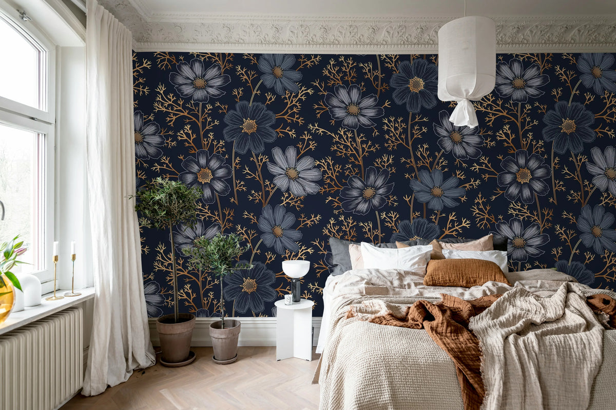 Grand Flowers, Gold Mural Wallpaper - room preview 02